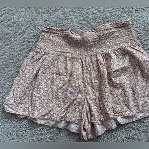 aerie High Waisted Floral Smocked Waist Shorts in Rust and White